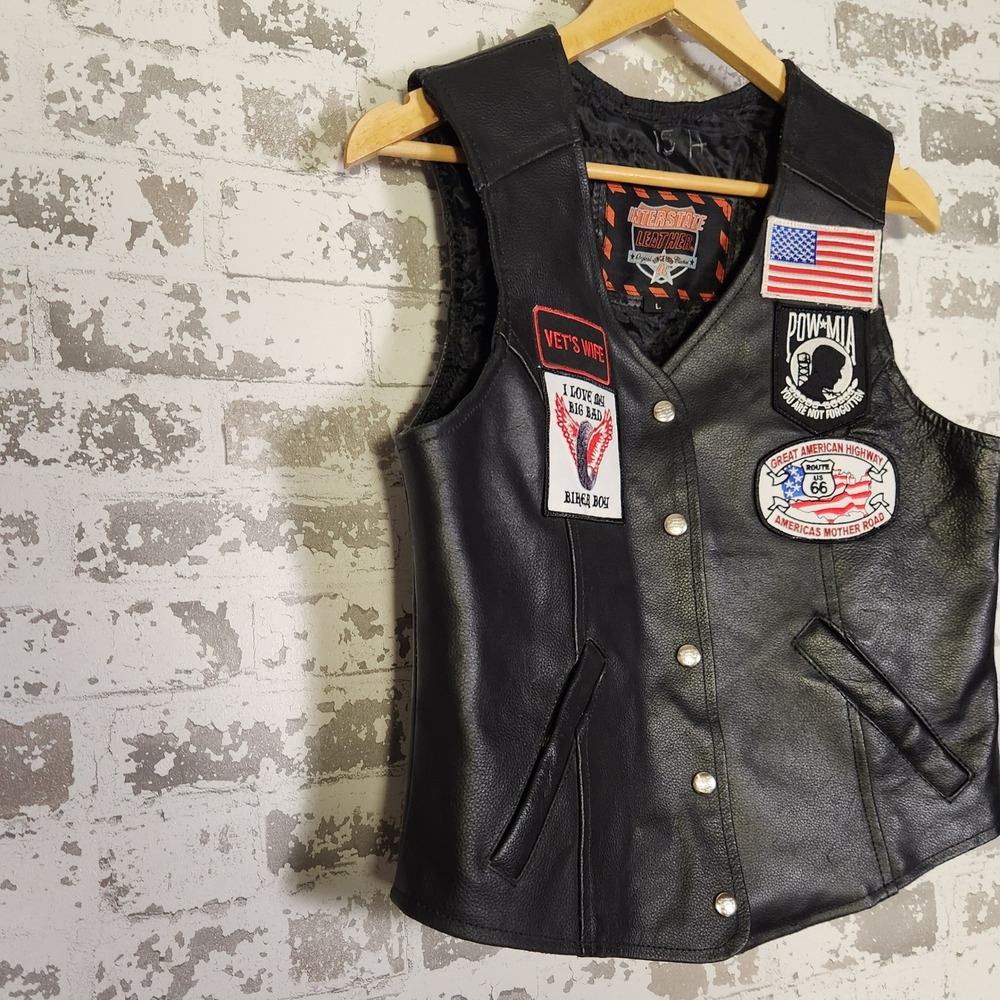 Interstate Leather Womens Motorcycle Biker Vest Patches USA Flag Harley Davidson - Picture 2 of 16